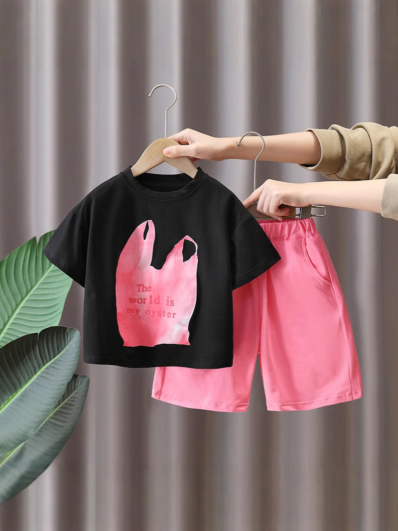 7221 Ropa para niños Traje de verano para niños 2025 Nueva camiseta estampada de manga corta para niños Traje de dos piezas de verano