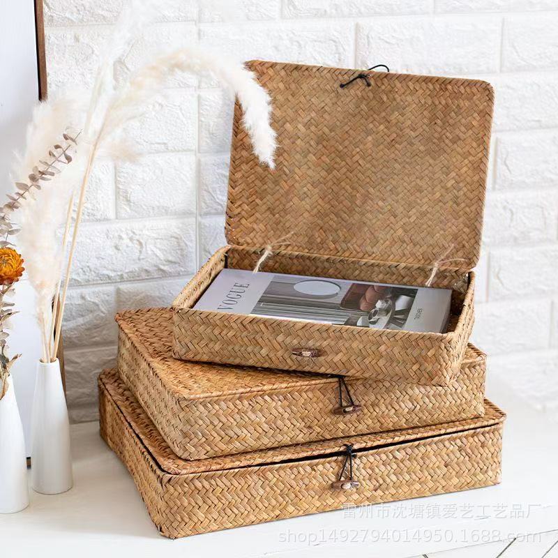 Caja de Almacenamiento Tejida de Paja con Tapa de Tejido de Paja Hecho a Mano para Escritorio