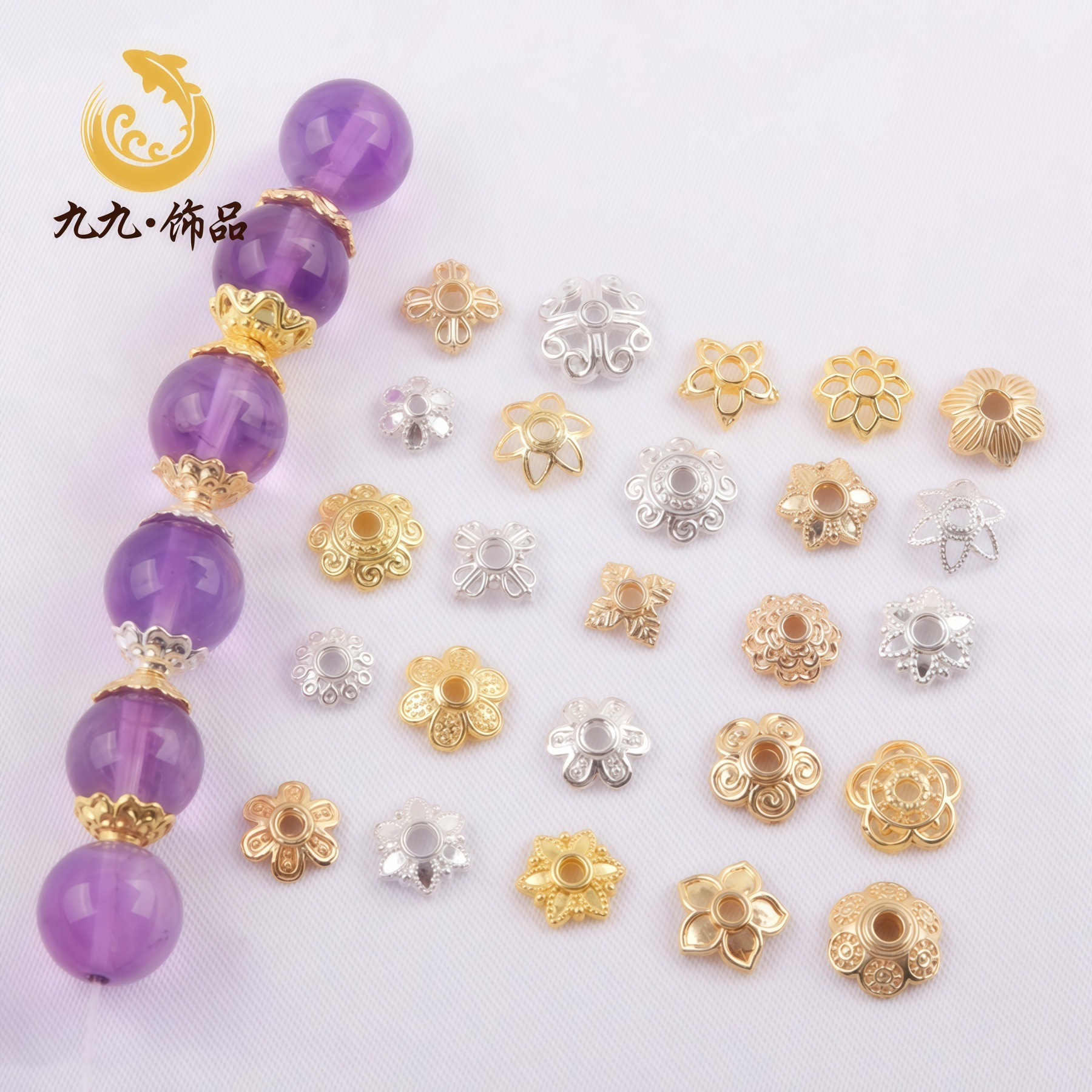 18k金花托隔片手串diy配件高保色花帽珠托串珠手链配饰隔珠片材料