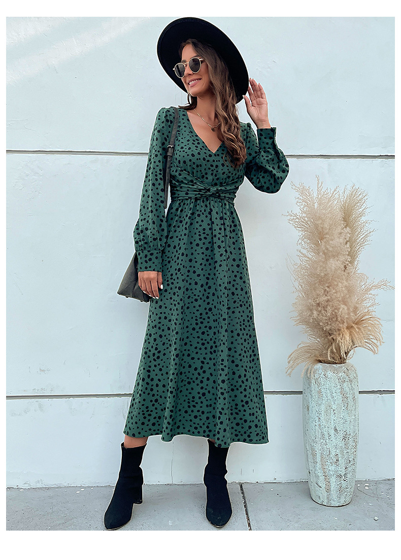 Women'S Long Sleeve Lapel Green Geometric Print Shirt Dress