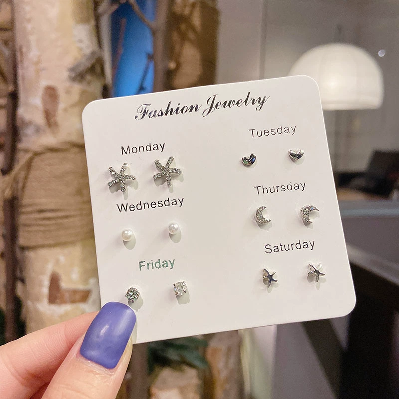 Earrings set, small elegant studs 2–12 pcs, pearl and charming motif designs