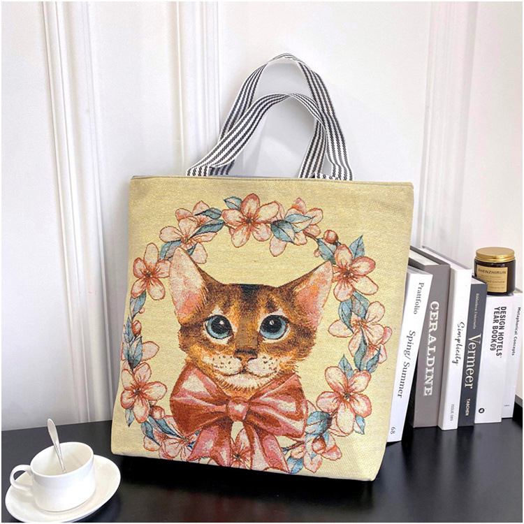 189g Weight Polyester Lining Material Zipper Closure Type Double Shoulder Straps Strap Type Tote Bag Bags Type Casual, Daily Occasion Linen Material Animal Pattern All Seasons Season Women's Gender Cute Style Square Shape Women's Linen Animal Cute Square Zipper Tote Bag 26