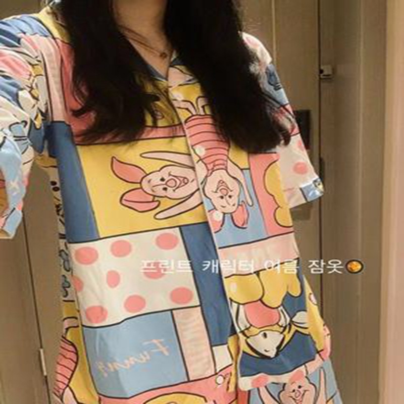 Celebridades en línea pijamas en vivo de las mujeres de manga corta lindo dibujos animados fresa oso verano de dos piezas ropa de casa estilo coreano traje Suelto