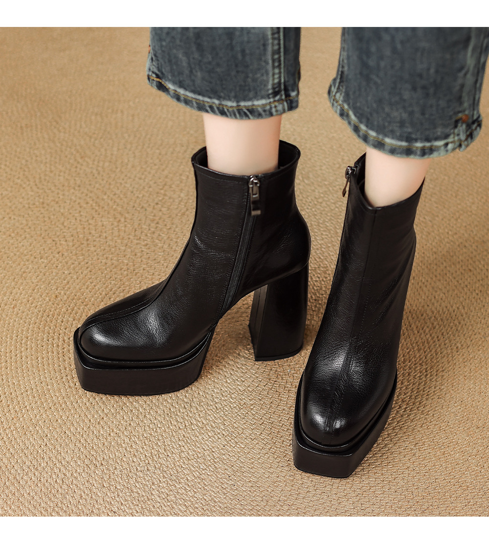 Boot nữ cổ cao ôm chân da dê mềm gót vuông đế xuồng 12.5 cm — Lớp lót nhung đen chi tiết 8