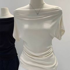 超手触りモーデル綿 ~ 一字肩の襟半袖tシャツ女性夏デザイン感スリム肩の斜め肩の上着のファッション