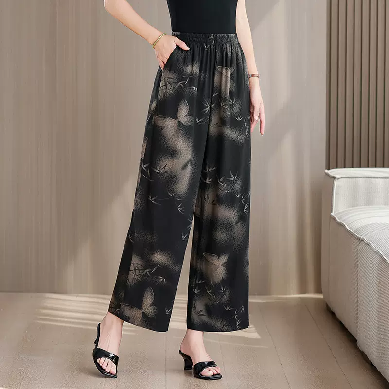 2025夏季新款妈妈装棉绸直筒裤大码显瘦中老年女装阔腿九分裤绵绸