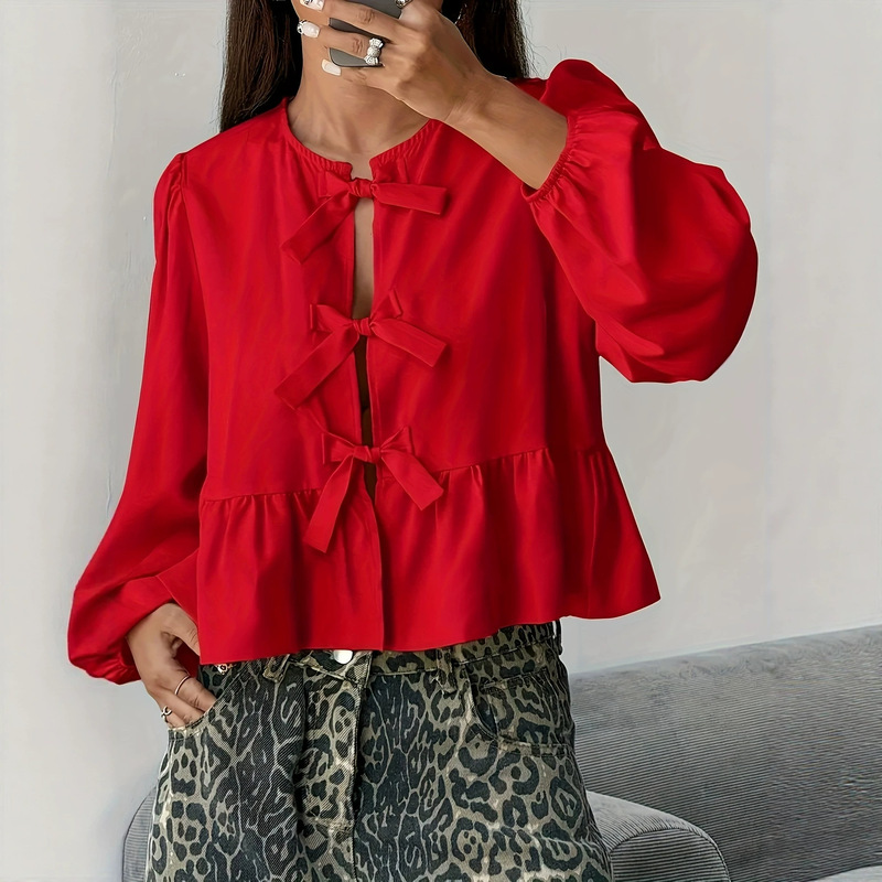 New cross-border red shirt with tie, loose-fitting top with unique lantern sleeves [Exclusive for cross-border sales]
