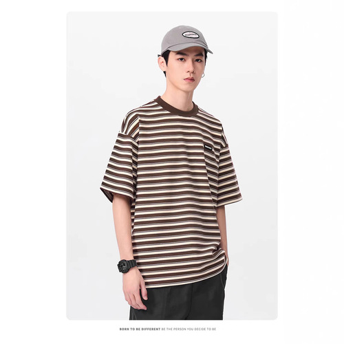 Striped Colorblock Short-Sleeve T-Shirt for Men - Summer Trendy Brand, Loose Retro Round Neck Half-Sleeve Couple's Top