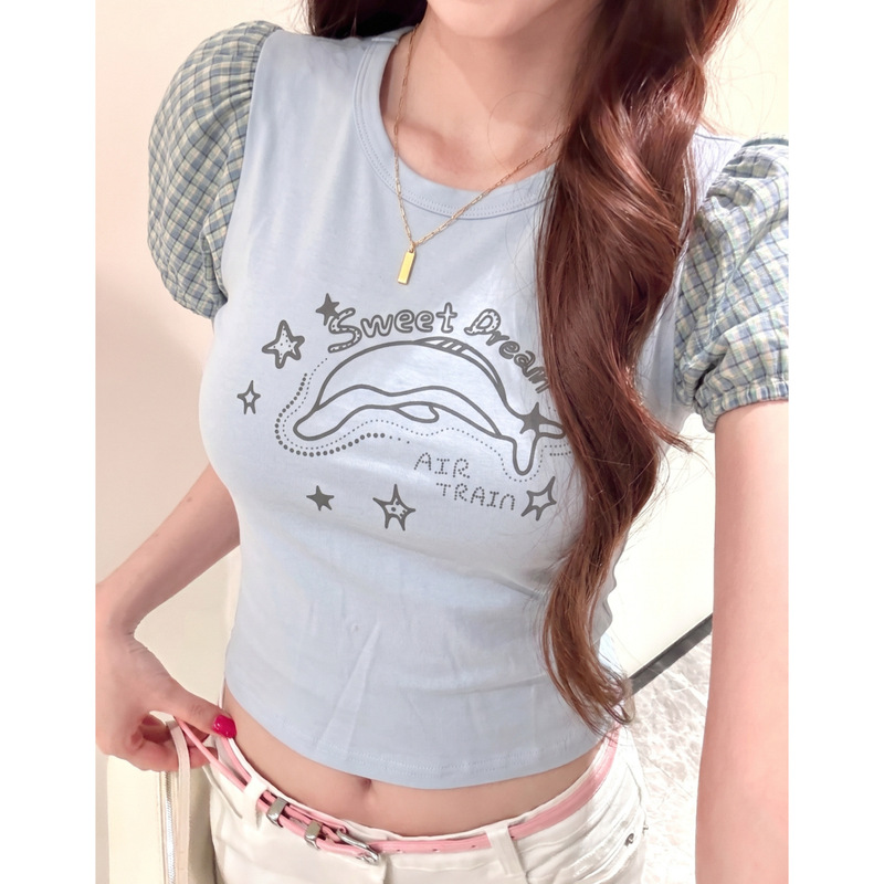 Design-Inspired Niche Cute Dolphin Short-Sleeve T-Shirt for Men and Women, New Summer Style with Plaid Patchwork and Puff Sleeves