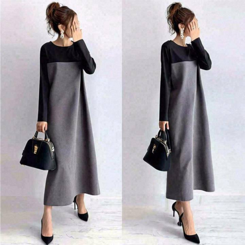 In-Stock 2025 Autumn and Winter Foreign Trade Cross-Border Japanese and Korean Style Patchwork Spring New Color-Block Dress Long-Sleeved Loose Fit Slimming