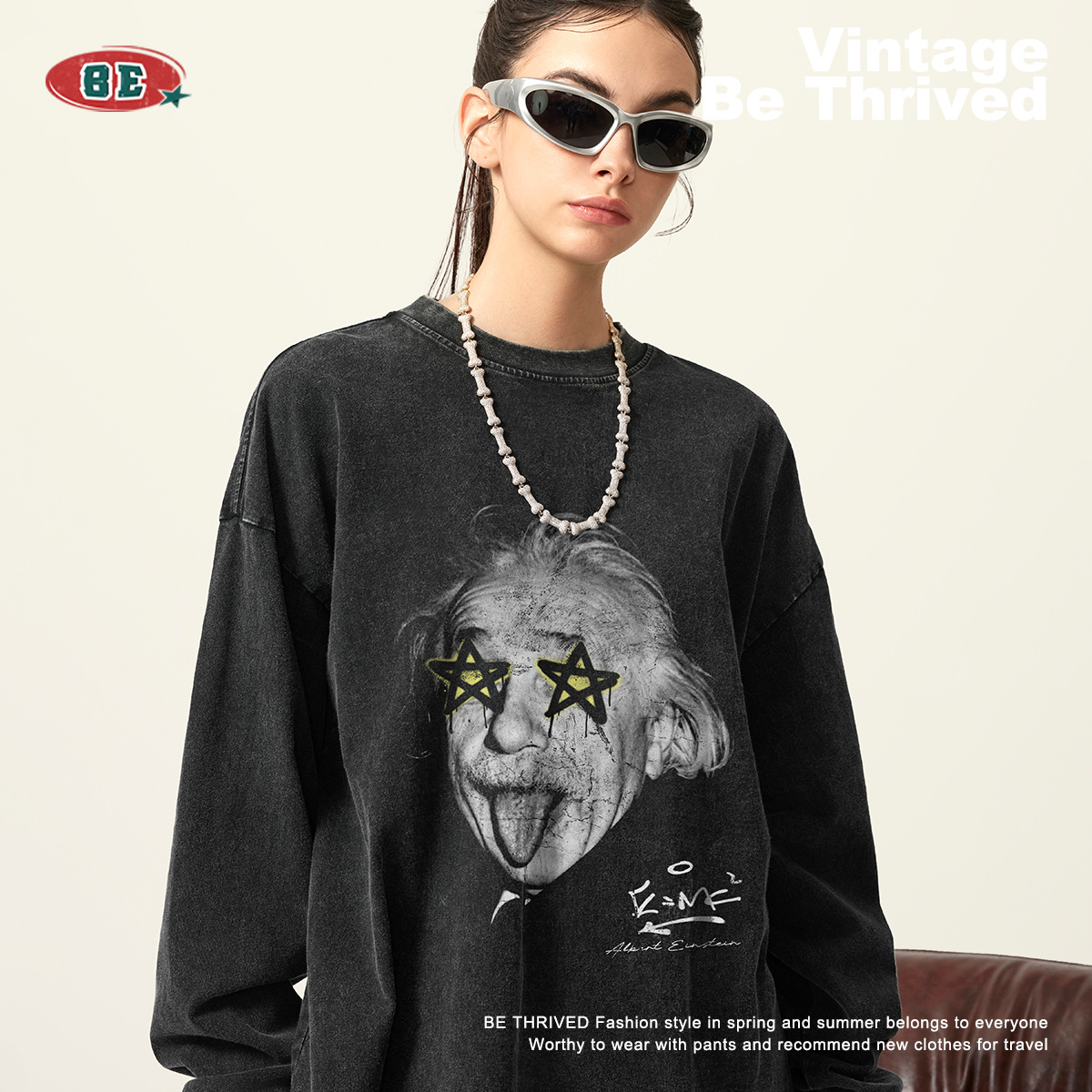 Ropa para hombre BE | Camiseta de manga larga con efecto desgastado y estampado de Einstein y ojos estrellados para hombre, estilo retro, otoño 2025