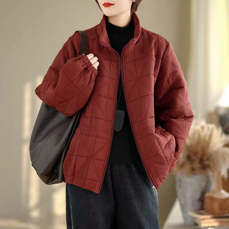 夹棉压格棉衣 2025秋冬季新款 时尚纯色立领宽松棉服外套女61076|undefined