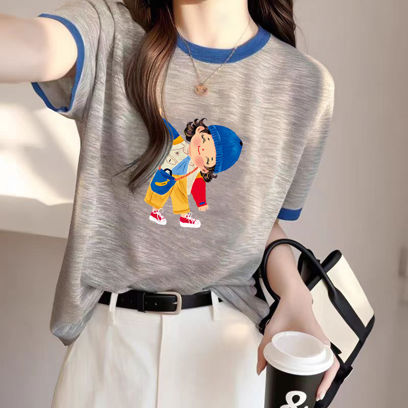 撞色薄款透气圆领t恤女款2025夏季新款韩版卡通印花短袖上衣ins潮|undefined