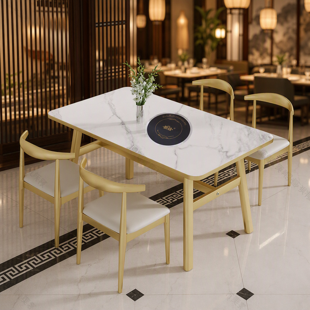 Commercial gas stove and hot pot table set for restaurants, featuring an integrated electric hot pot, grill, and skewer grill
