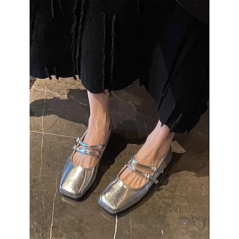 小众方头小皮鞋女2024夏季新款气质单鞋一字带浅口软皮软底奶奶鞋