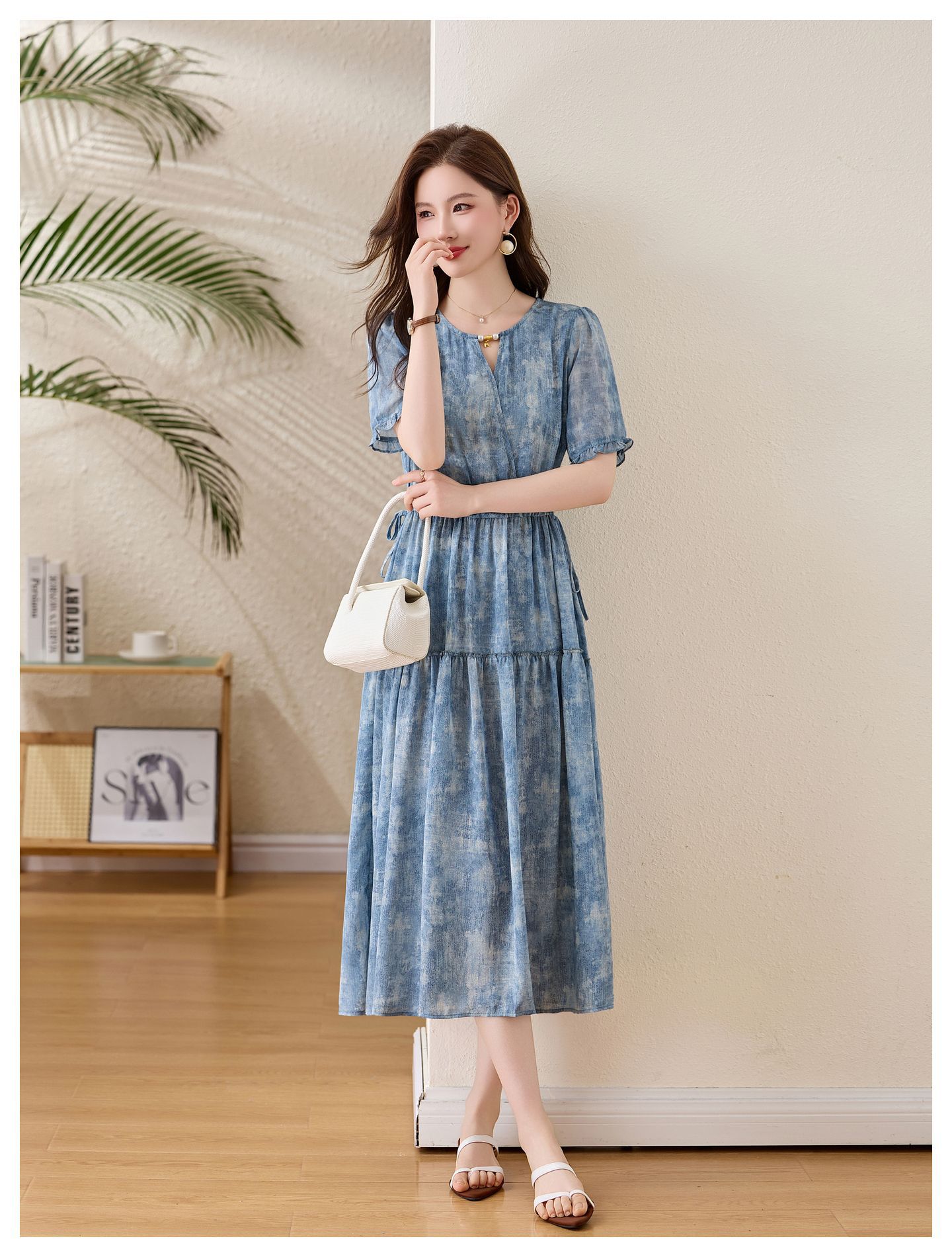 Đầm maxi nữ thắt eo cổ V tay ngắn họa tiết hoa dáng dài GT8207 — xanh lam, Màu hồng chi tiết 21