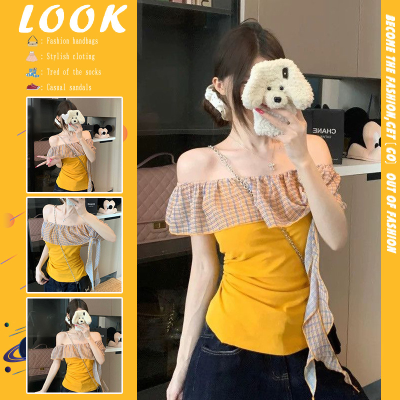 Pure Desire 半袖 Tシャツ レディース 2025 夏新作 スリム ホットガール デザイン チェック柄 フリル ワンショルダー トップ|undefined