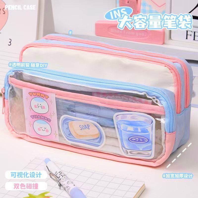 Tamaño a juego de color o00 estuche para lápices bolsa de papelería transparente de gran capacidad bolsa de papelería multifuncional creativa ins japonés de alto valor