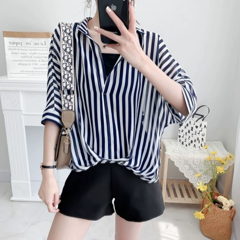 Летний комплект шифоновой рубашки, oversize свободного кроя, эффект подтяжки, женский