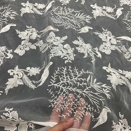 新款网布绣花布面料 新款国风仙鹤刺绣 汉服礼服连衣裙婚纱面料