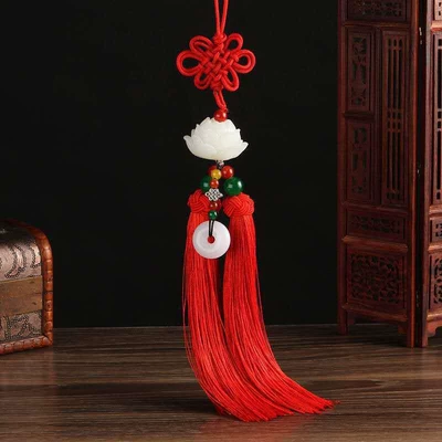 Car hanging – car pendant imitation white jade - white-lotus-car-hanger-red-tassel
