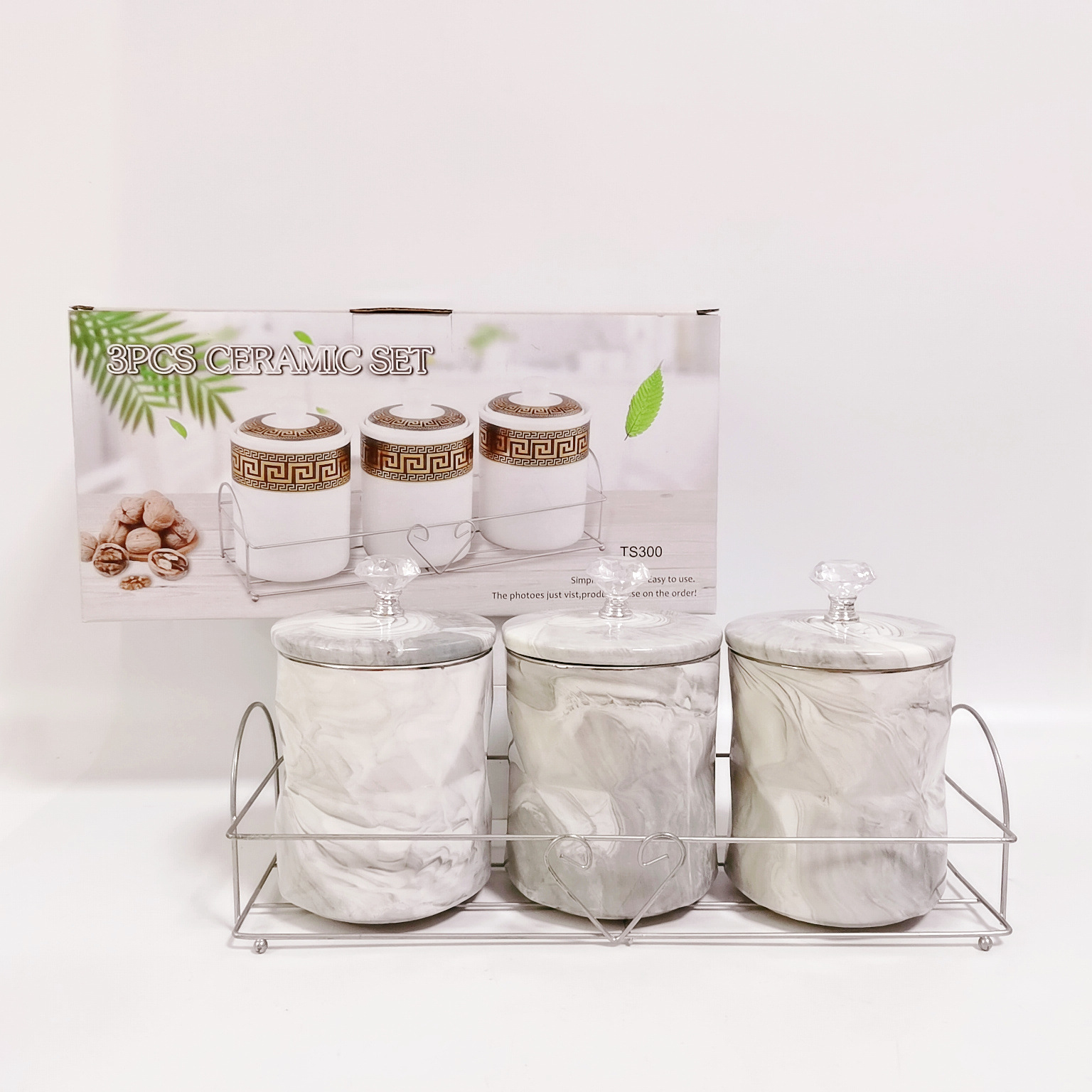 Medio Oriente exportación simple marmolado cerámica sellado Jar rombo 3-Cabeza de almacenamiento Jar té café Jar