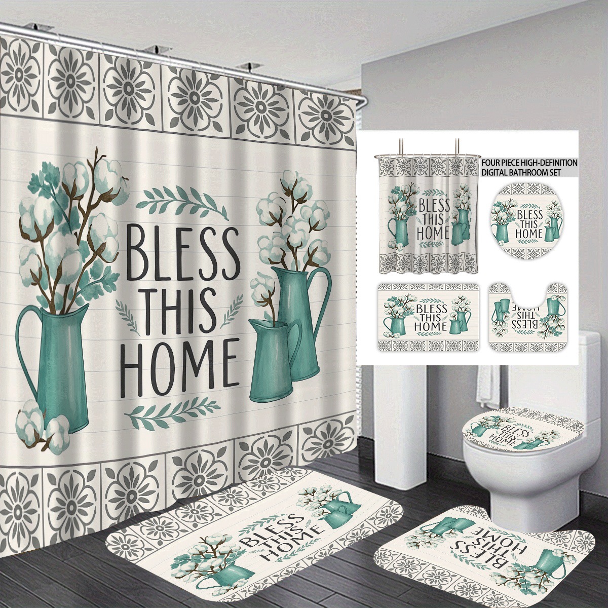 Agente de poliéster Mei Ke más cortina de baño impermeable serie de agua floral 3D impresión digital cortina de baño cuatro piezas alfombra absorbente