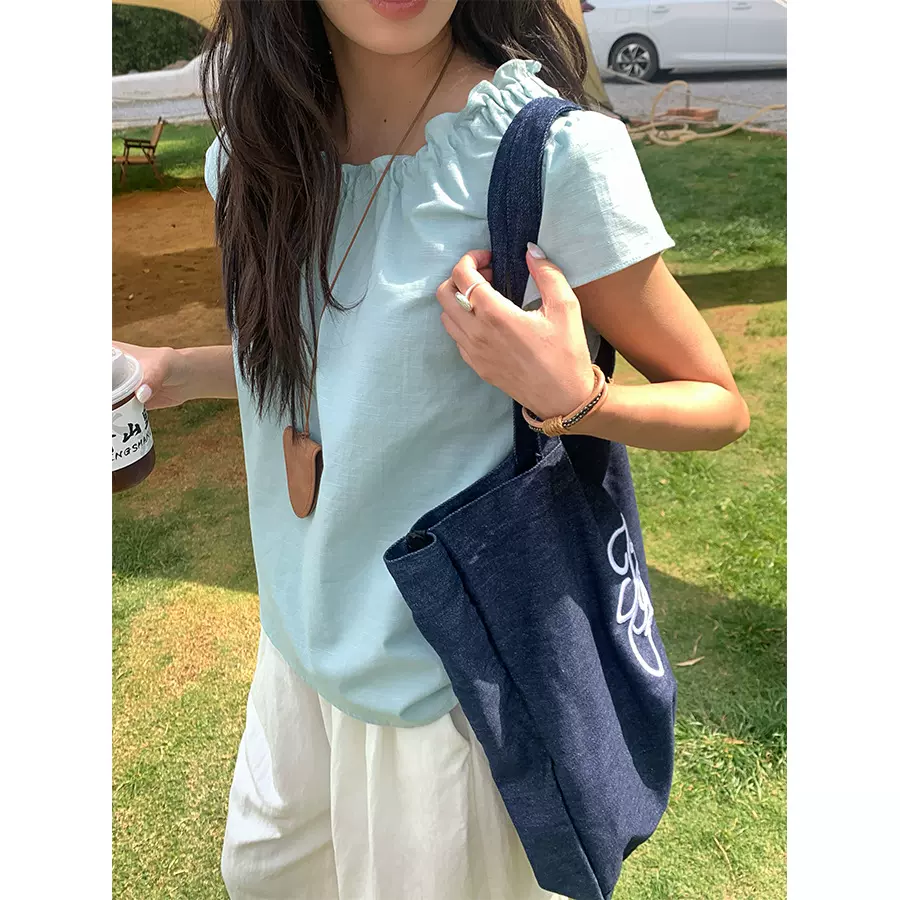 黄峥荷叶边领口精致系带宽松版短袖上衣女2025夏款甜美清新520369