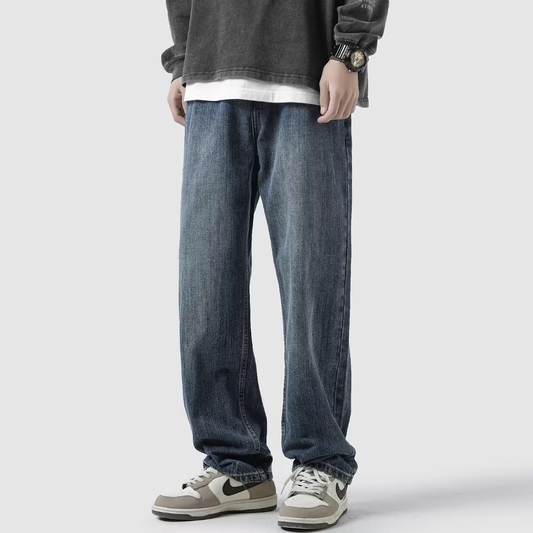 Fall High Street Straight Leg Denim for Men, Trendy Brand Wide Leg American Style Fashion, Versatile Retro Blue Father Pants