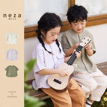 neza【夏日奶糖】儿童夏季衬衫宽松棉麻女童圆领薄款t恤男宝短袖