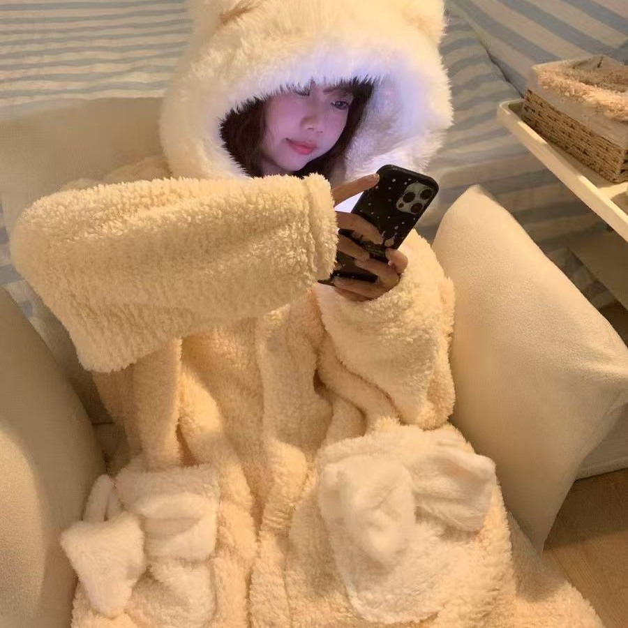 Solid Color Girl Pajamas Women's Coral Fleece Warm Winter Hooded Mid-Length Nightgown Beautiful Girl Casual Home Wear