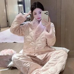 新中式复古国风毛领珊瑚绒睡衣女冬季加绒加厚保暖家居服大码套装