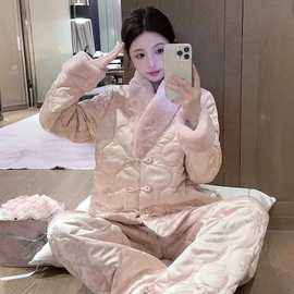 新中式复古国风毛领珊瑚绒睡衣女冬季加绒加厚保暖家居服大码套装