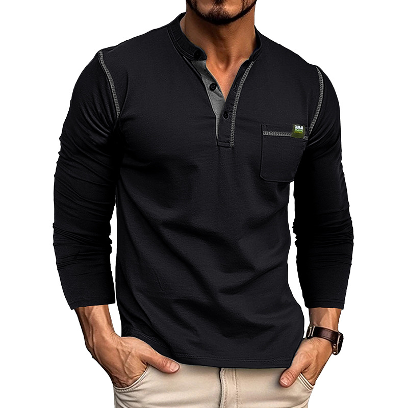 217g Weight Long Sleeve Sleeve Length Half Placket Placket Type Regular Sleeve Sleeve Type Cotton Blend Fabric Type Regular Top Length T-shirt Tops Type Daily Occasion Round Neck Neckline Breathable Function Regular Fit Fit Type Solid Color Pattern Spring, Autumn Season Men's Gender Casual Style Wholesale Men's Casual Solid Color Long Sleeve Men's Tops 30