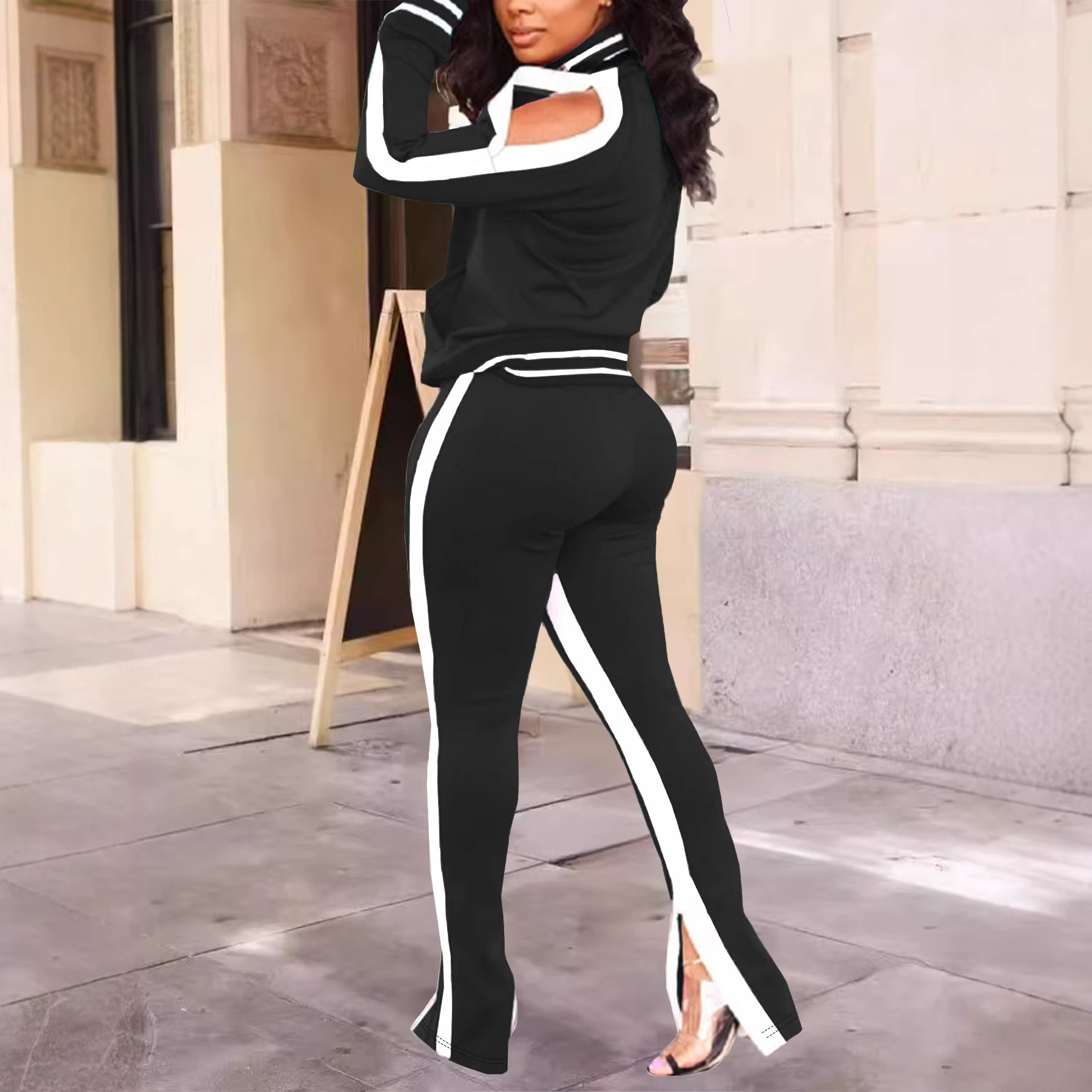 Women's Long Sleeve Round Neck Top With Pants 2-Piece Set Side Striped Casual Outfit Comfortable Daily Wear_ecoleips.com