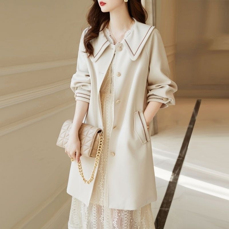 2025春秋新款寬鬆休閒百搭中長款娃娃領氣質流行秋季風衣外套女士