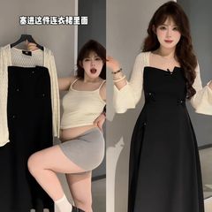 2025大码女装胖mm秋冬显瘦拼色蝴蝶设计方领气质长款连衣裙遮肚子