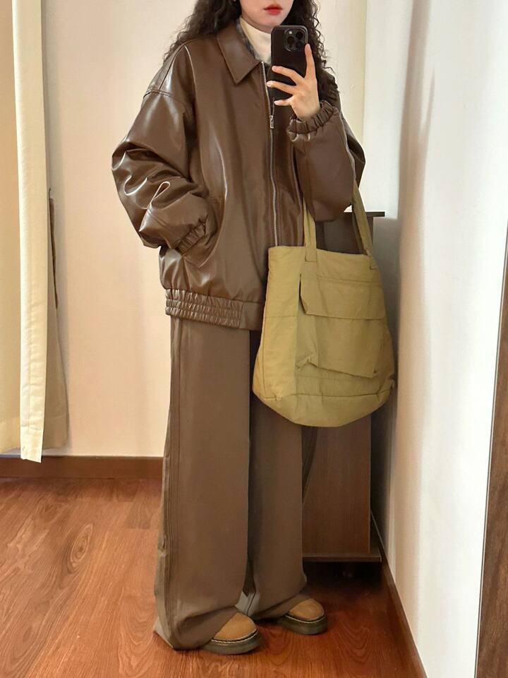 Áo khoác da PU nữ phong cách retro, dáng ngắn tay dài cổ ve áo — Màu nâu chất lượng cao, màu đen chất lượng cao chi tiết 7