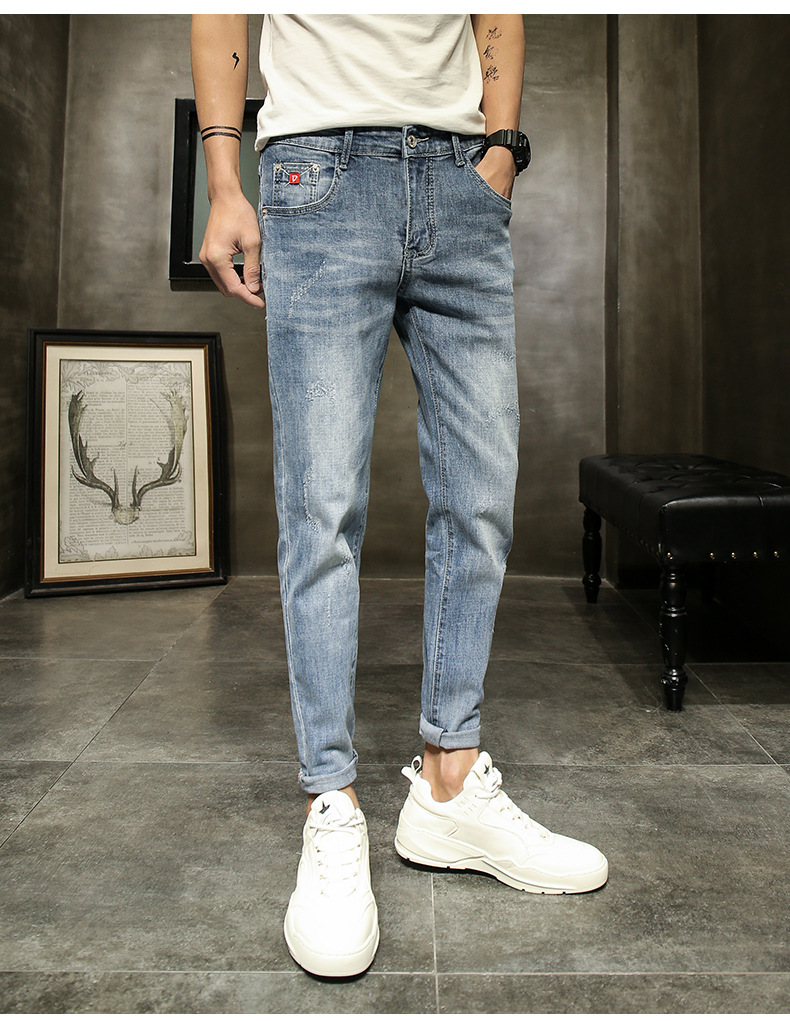 Jeans pour hommes de couleur claire de printemps et d'automne, confortables, élastiques, tendance, marque, coupe slim, petite jambe, polyvalent, délavé, décontracté_voghion.com
