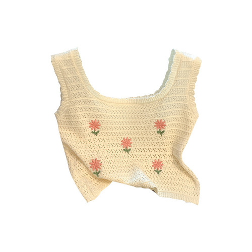 Forest Girl Style Small Flower Embroidered Knitted Backless Top for Women, Summer Outerwear Crochet Lattice Straps Sweet and Spicy Trend Short-Sleeve Tank Top