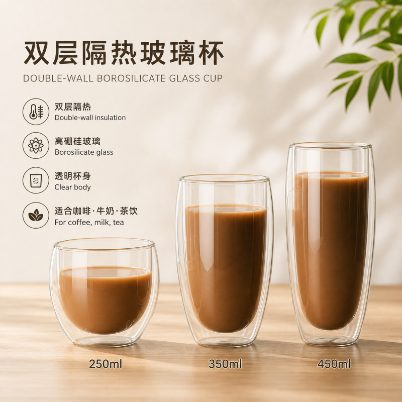 Insulated Double-Layer Glass Transparent High Borosilicate Glass Fashionable and Simple Household Tea Milk Juice Coffee Drinking Cup