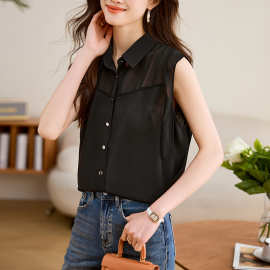 雪仿黑色无袖衬衫女2024夏季新款简约气质宽松休闲设计感小众上衣