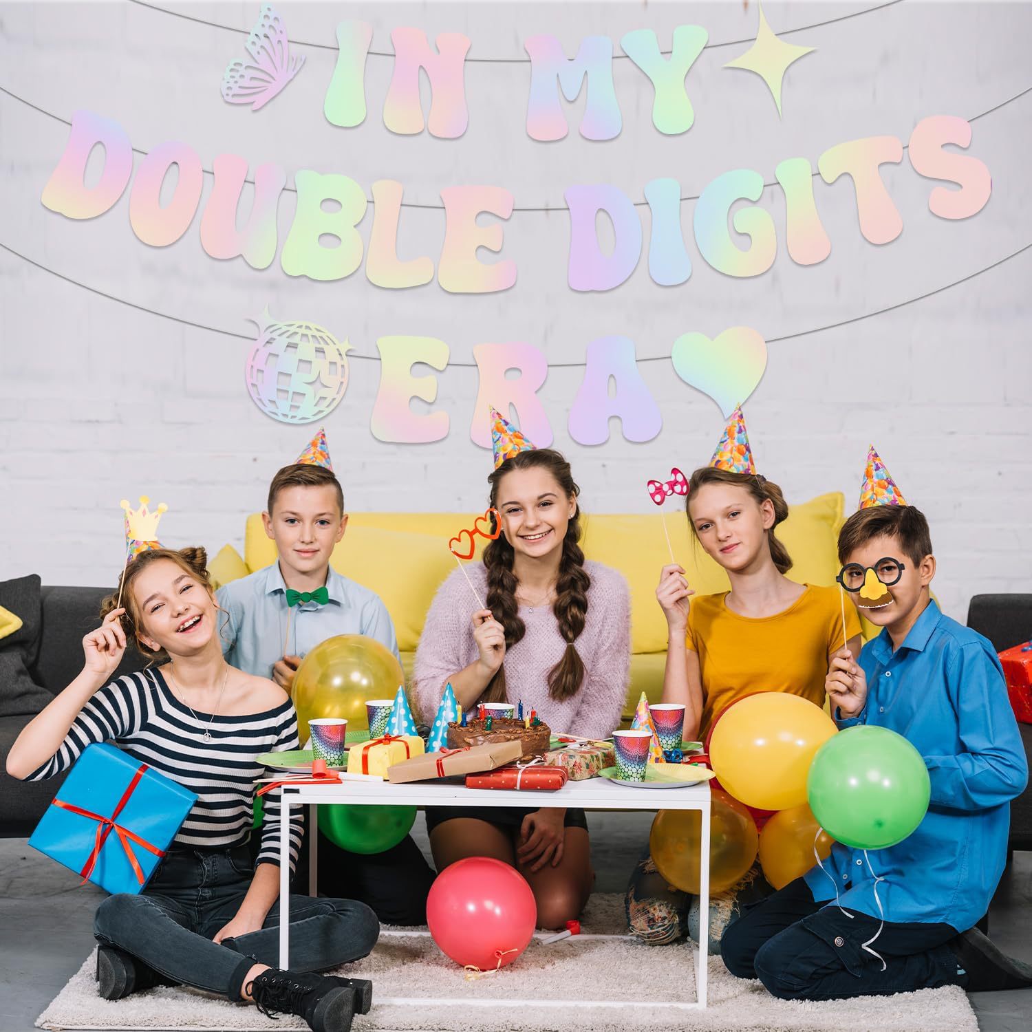 Cross-border In My Double Digits Era Bandera en polvo brillante fantasía colorida niña banner decoración de cumpleaños
