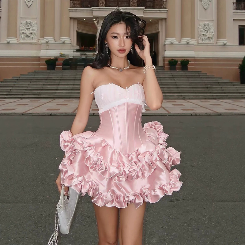 Cross-border European and American style dress, French-style fishbone corset, fitted bodice, bow detail, elegant short tutu skirt for birthday parties Cross-border European and American style dress, French-style fishbone corset, fitted bodice, bow detail, elegant short tutu skirt for birthday parties