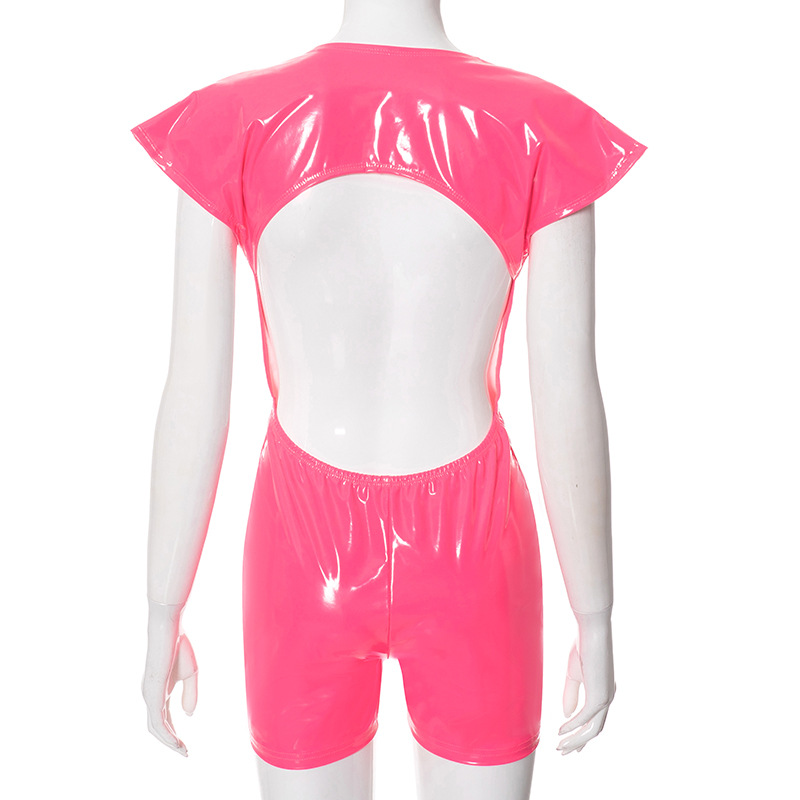 Women Backless Slim Fit Faux Leather Flying Sleeves Casual Romper