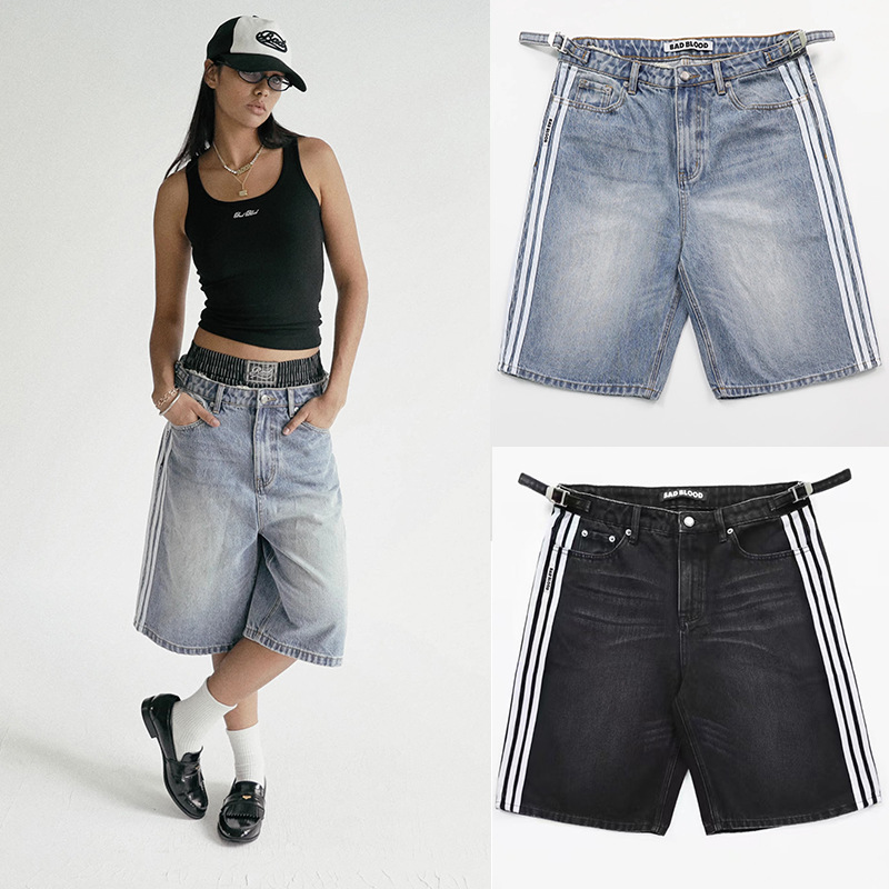 한국 badblood 미국식 하이 스트리트 데님 바지 느슨한 슬리밍 스파이스 걸스 래디백 와이드 레그 미드 길이 바지 여름