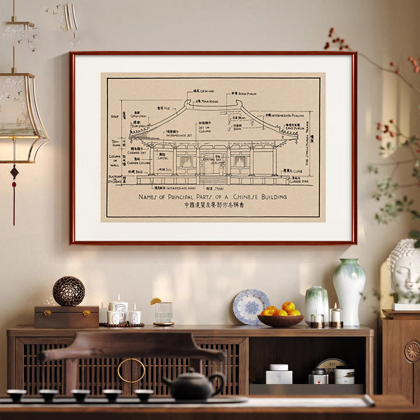 新中式图纸挂画梁思成中国古建筑手稿装饰画书房学习室客厅玄关画