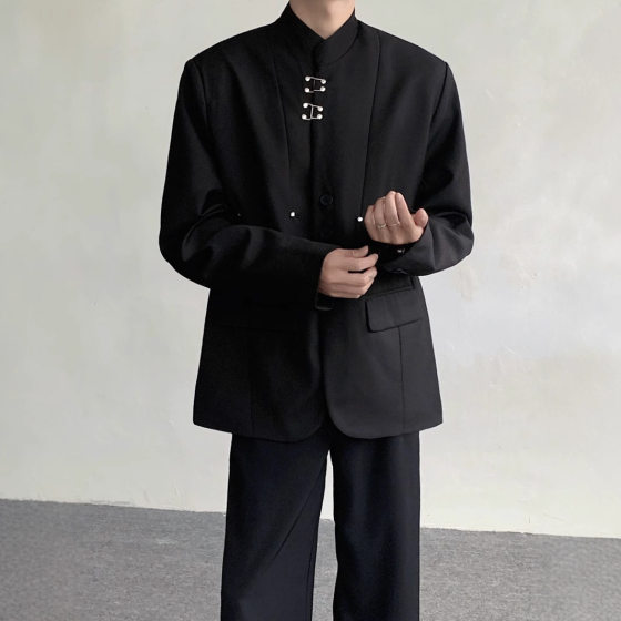 New Chinese Style Shoulder Pad Suit Jacket Men's Niche Design Sense Chinese Style Suit with Vertical Collar