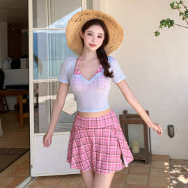 泳衣女2026新款可爱少女格子防晒显瘦裙款四件套比基尼BIKINI泳装