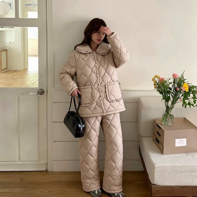 Winter Thickened Quilted Pajamas for Women, Sweet Doll Collar Coral Fleece Loungewear Set, Available for In-Store Purchase (Xiang)